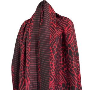 Large Red Black Animal Print Scarf /Wrap Fringe Maximalist Bold Layering